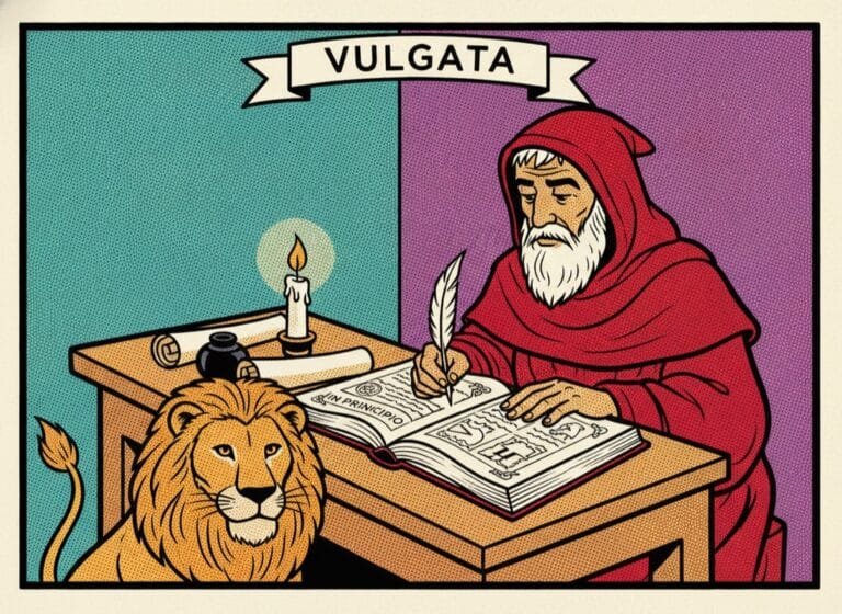 Hieronymus schreibt die Vulgata in einen aufgeschlagenen Codex, ein Loewe an seiner Seite — Comic-Popart-Stil