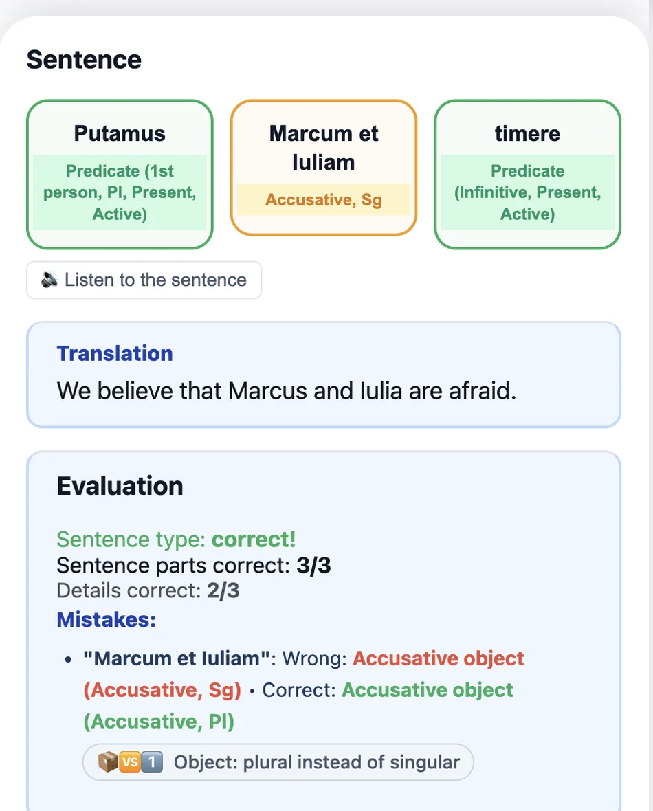 Instant feedback in English: sentence type correct, sentence parts 3 of 3, details 2 of 3. The one mistake is spelled out — Marcum et Iuliam was marked accusative singular instead of accusative plural — together with the translation We believe that Marcus and Iulia are afraid.