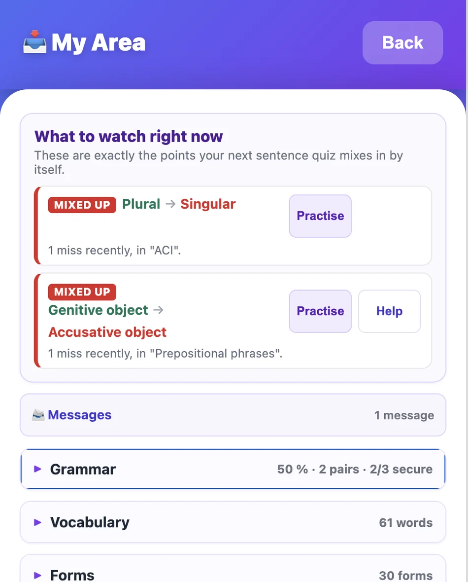 My Area in English: the panel What to watch right now lists two confusions — plural mixed up with singular in ACI, and genitive object mixed up with accusative object in prepositional phrases — each with a Practise button. Below are the sections Messages, Grammar, Vocabulary, Forms and Reading.