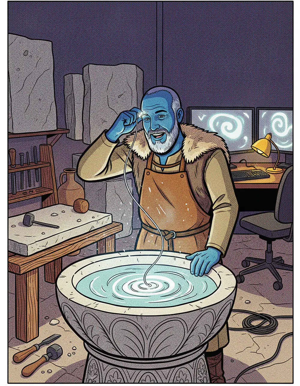 The stonemason draws a glowing thread from his temple into a stone basin; to his left the Roman workshop with chisels, to his right monitors showing the same wave