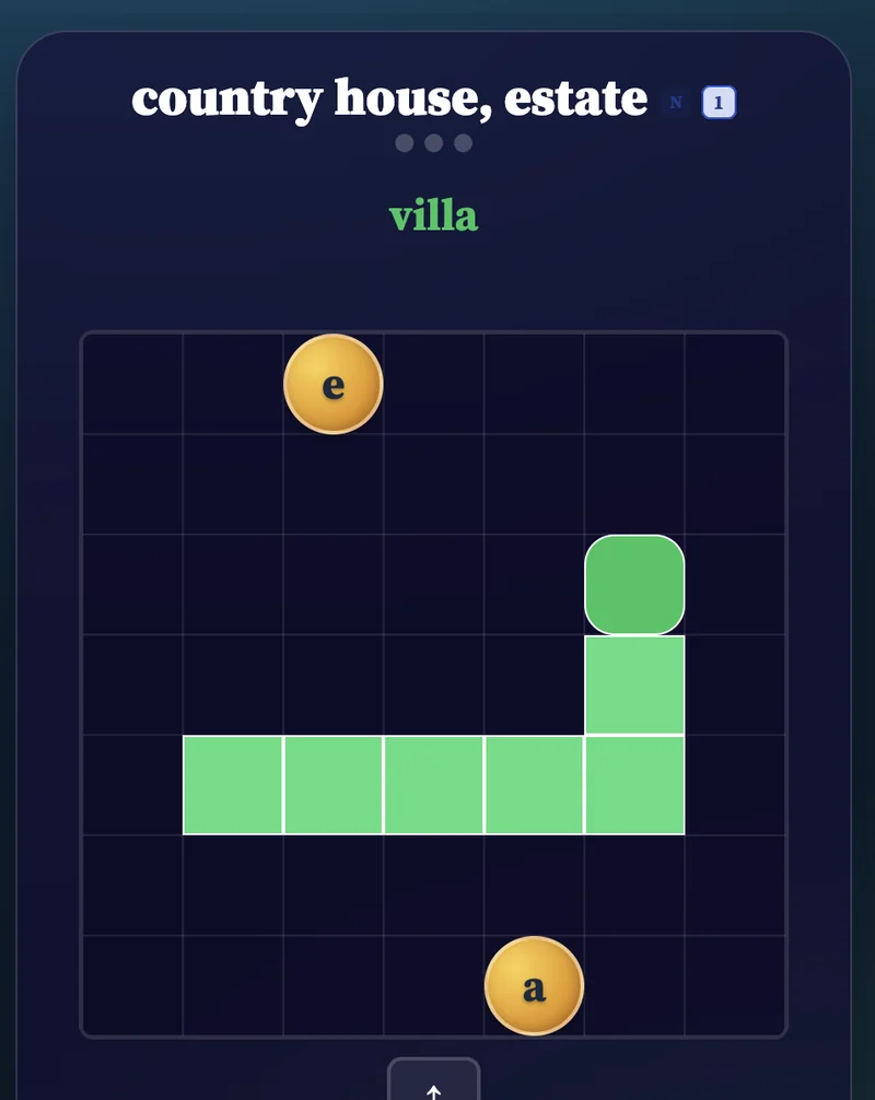 Lapicida Latinus in Unda mode: word game for “country house, estate” — villa. A green snake collects the letters of the word on a grid, two letters still wait as golden coins.