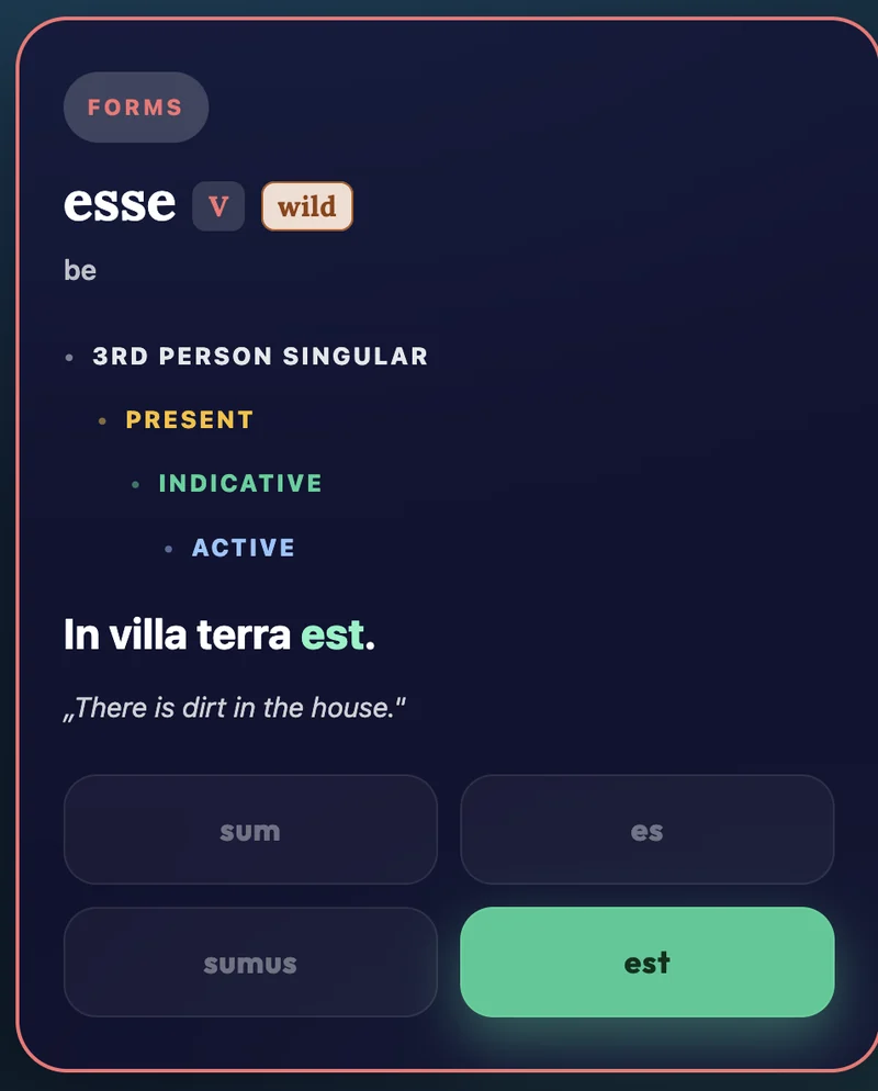 Lapicida Latinus in Unda mode: the same Forms card after the answer. “est” is marked green and the sentence now reads in full “In villa terra est.” — “There is dirt in the house.”