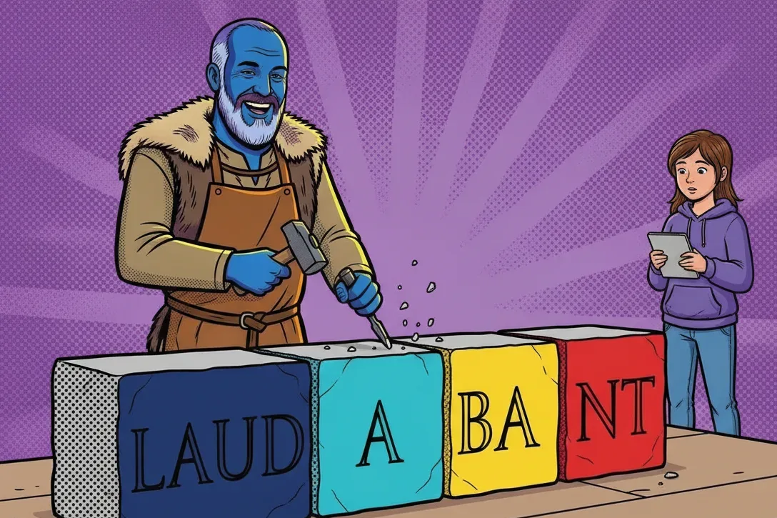 Latin forms practice in comic style: the blue stonemason carves LAUD · A · BA · NT into four coloured stone blocks while a girl with a tablet watches