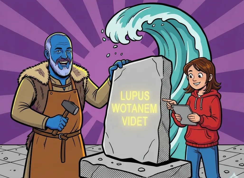 Learn to translate Latin sentence by sentence Learn to translate Latin: the blue Lapicida stonemason carves the sentence LUPUS WOTANEM VIDET into a stone tablet, a wave above him, a student with a tablet points at it