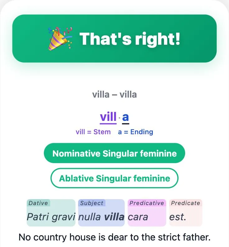Forms trainer result: vill · a with stem and ending, two possible parsings and the sentence with its sentence parts