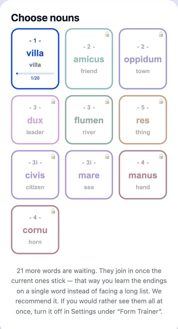 Lapicida forms trainer, Choose nouns: villa is open, the other nouns are locked; 21 more words join in once the current ones stick