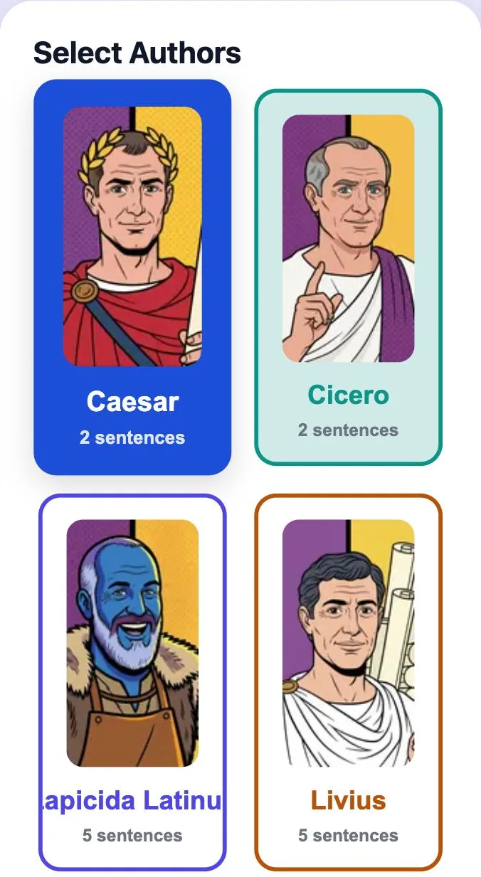 Practise Latin word meanings: select authors in Sensus Sensus in the Latin app: Select Authors with Caesar, Cicero, Lapicida Latinus and Livius and the number of sentences for each