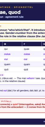 Latin qui quae quod cheat sheet (A6)