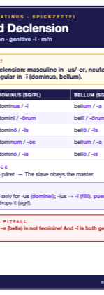 Latin Second Declension (o-Declension) — Endings, Table (dominus, bellum) 1 Latin Second Declension cheat sheet (A6)